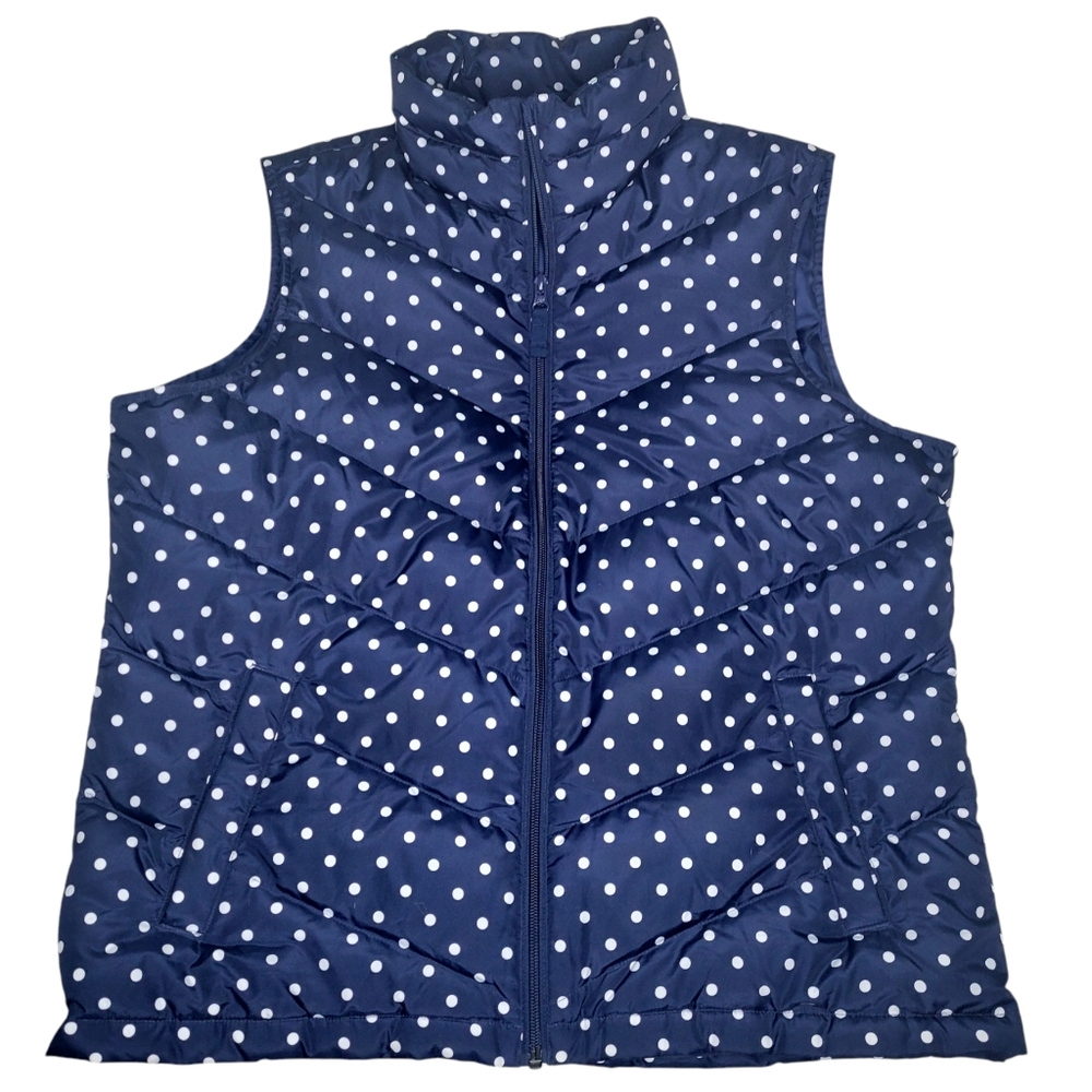 Lands End Womens Large Navy Blue Puffer Vest Down Feather Polka Dot Full Zip - Picture 2 of 9